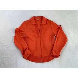 Reba 100% Cotton Button Down Coral/Orange Blouse, Size M, Decorative, Fitted